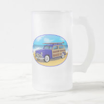 Blue Woodie with Surfboard on the Beach Mugs