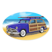 Blue Woodie with Surfboard on the Beach Stickers