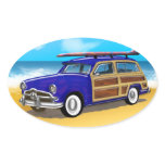 Blue Woodie with Surfboard on the Beach Stickers