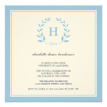Blue wreath monogram graduation class invitation