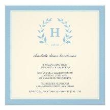 Blue wreath monogram graduation class invitation
