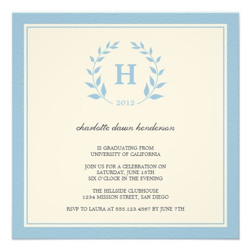 Blue wreath monogram graduation class invitation (front side)