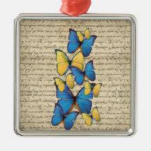 Blue & yellow butterrflies christmas tree ornament