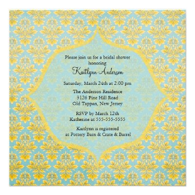 Blue & Yellow Damask Bridal Shower Invitation