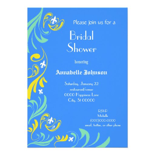 Blue Yellow Fleur de Lis Vine Bridal Shower Custom Announcements