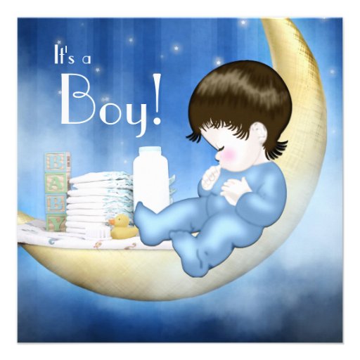 Blue Yellow Moon Baby Boy Shower Invitations