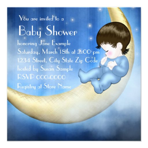 Blue Yellow Moon Baby Boy Shower Invitations