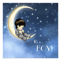Blue Yellow Moon Baby Boy Shower Invitations