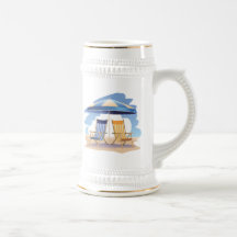Blue & Yellow Striped Beach Chairs & Umbrella Coffee Mugs