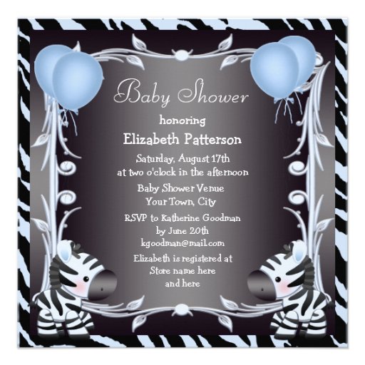 Blue Zebra & Balloons Animal Print Baby Shower Personalized Invite (front side)