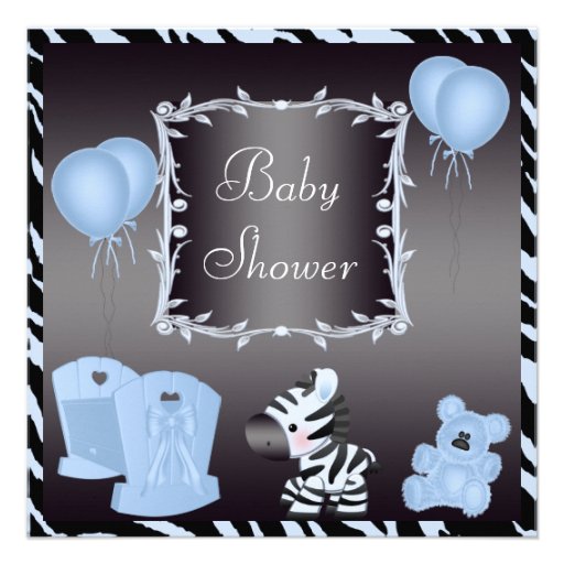 Blue Zebra & Balloons Animal Print Baby Shower Personalized Invite