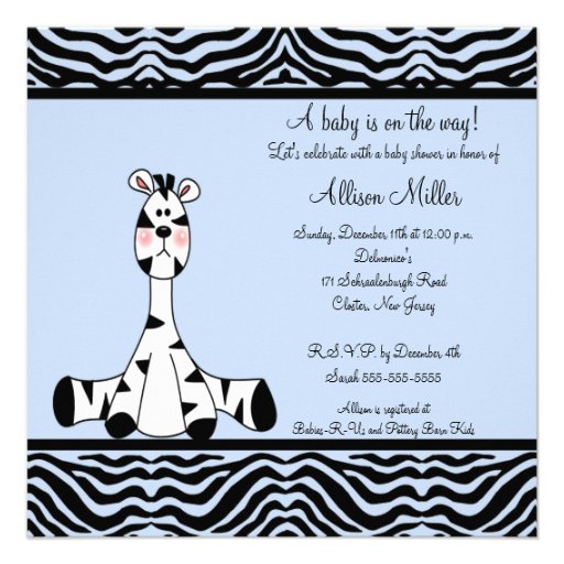 Blue Zebra Boy Baby Shower Invitation