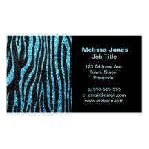 Blue zebra print (faux glitter bling) business card template