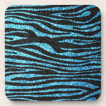 Blue zebra print (faux glitter bling) beverage coaster