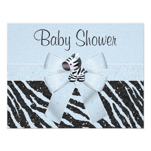 Blue Zebra, Printed Bow & Glitter Look Baby Shower Personalized Invites