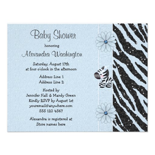 Blue Zebra, Printed Bow & Glitter Look Baby Shower Personalized Invites