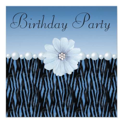 Blue Zebra Stripes, Pearls & Flower Birthday Party Personalized Announcement