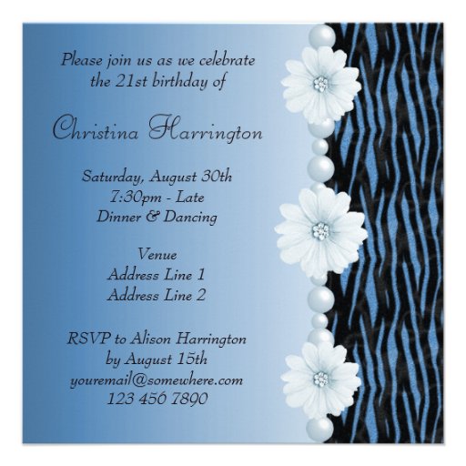 Blue Zebra Stripes, Pearls & Flower Birthday Party Personalized Announcement