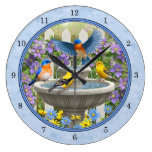 Bluebirds Goldfinches Flower Garden Fountain Blue Large Clock