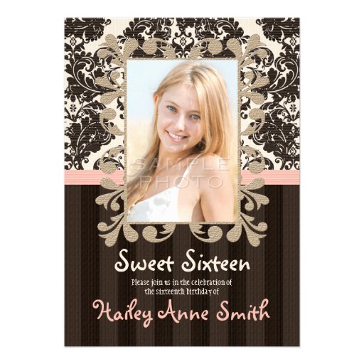 Blush and Brown Vintage Lace Damask Sweet Sixteen Personalized Invitation
