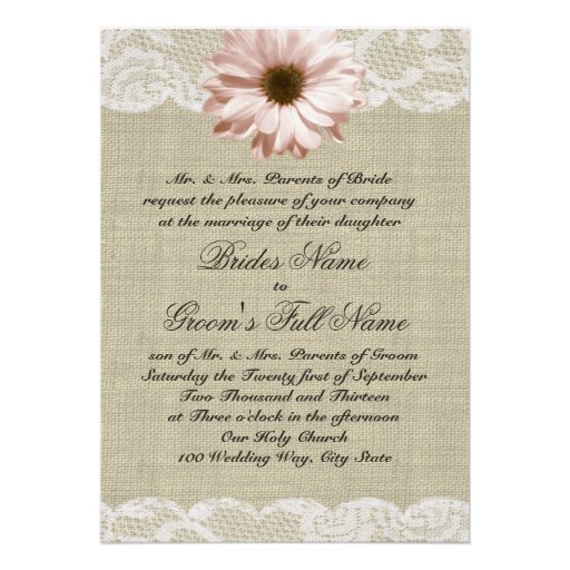 Blush Daisy and Lace Country Burlap Wedding Personalized Invitations