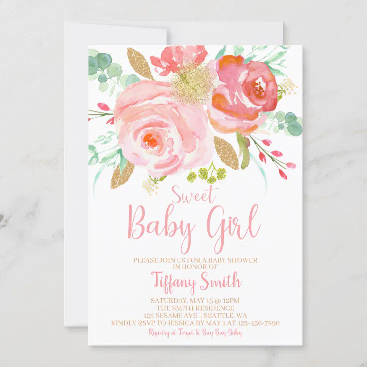 Blush Pink And Gold Baby Shower Invitation Floral Zazzle