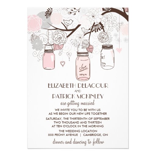 Blush Pink and Grey Mason Jars Wedding Invitation