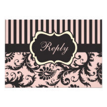 Blush Pink, Cream, Gray Stripe Damask Reply Card Invite
