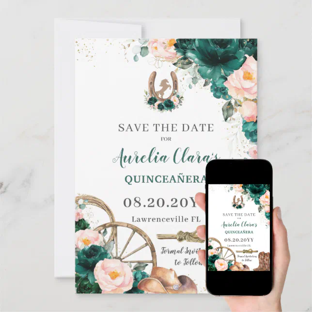 Blush Pink Emerald Green Wild West Quinceañera Save The Date Zazzle