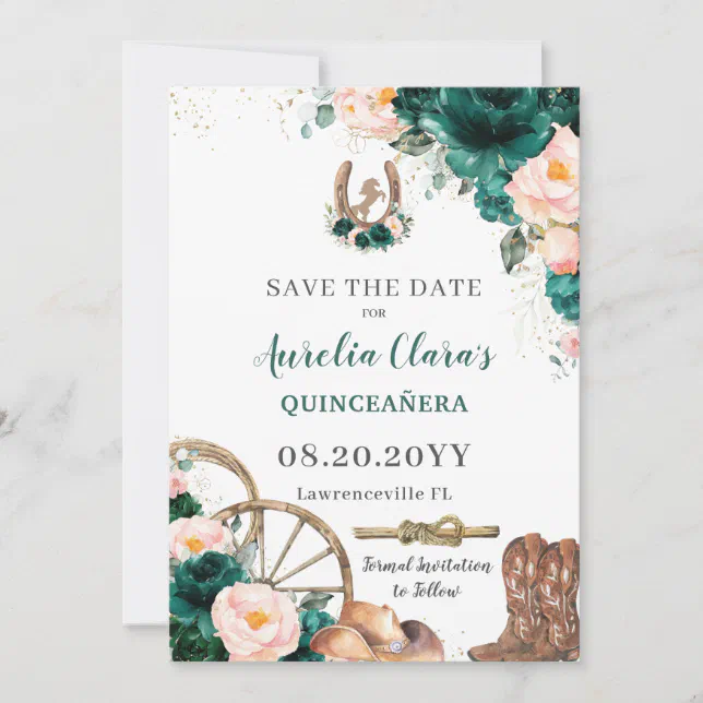 Blush Pink Emerald Green Wild West Quinceañera Save The Date Zazzle