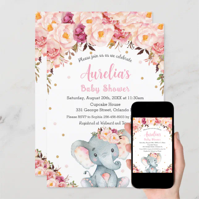 Blush Pink Floral Cute Elephant Baby Shower Girl Invitation Zazzle