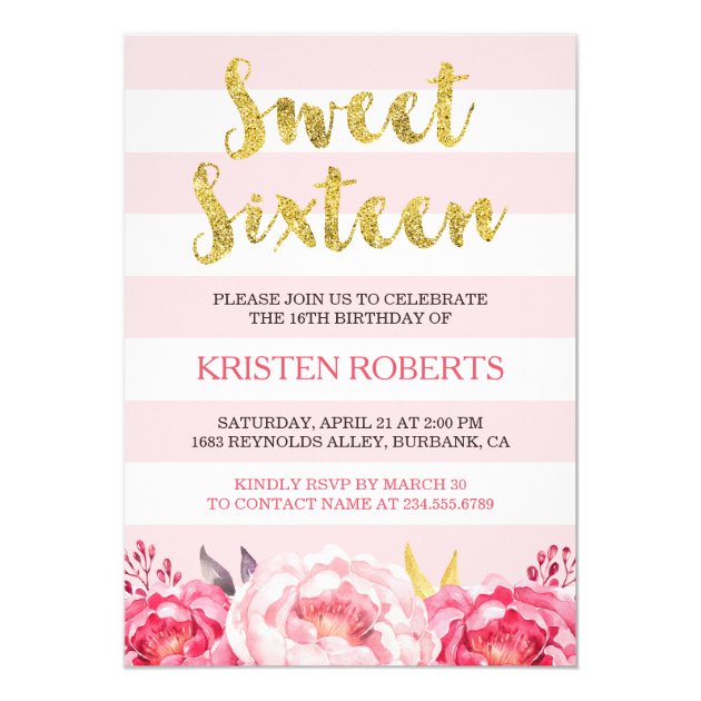 Blush Pink Floral God Glitter Sweet Sixteen Card (front side)