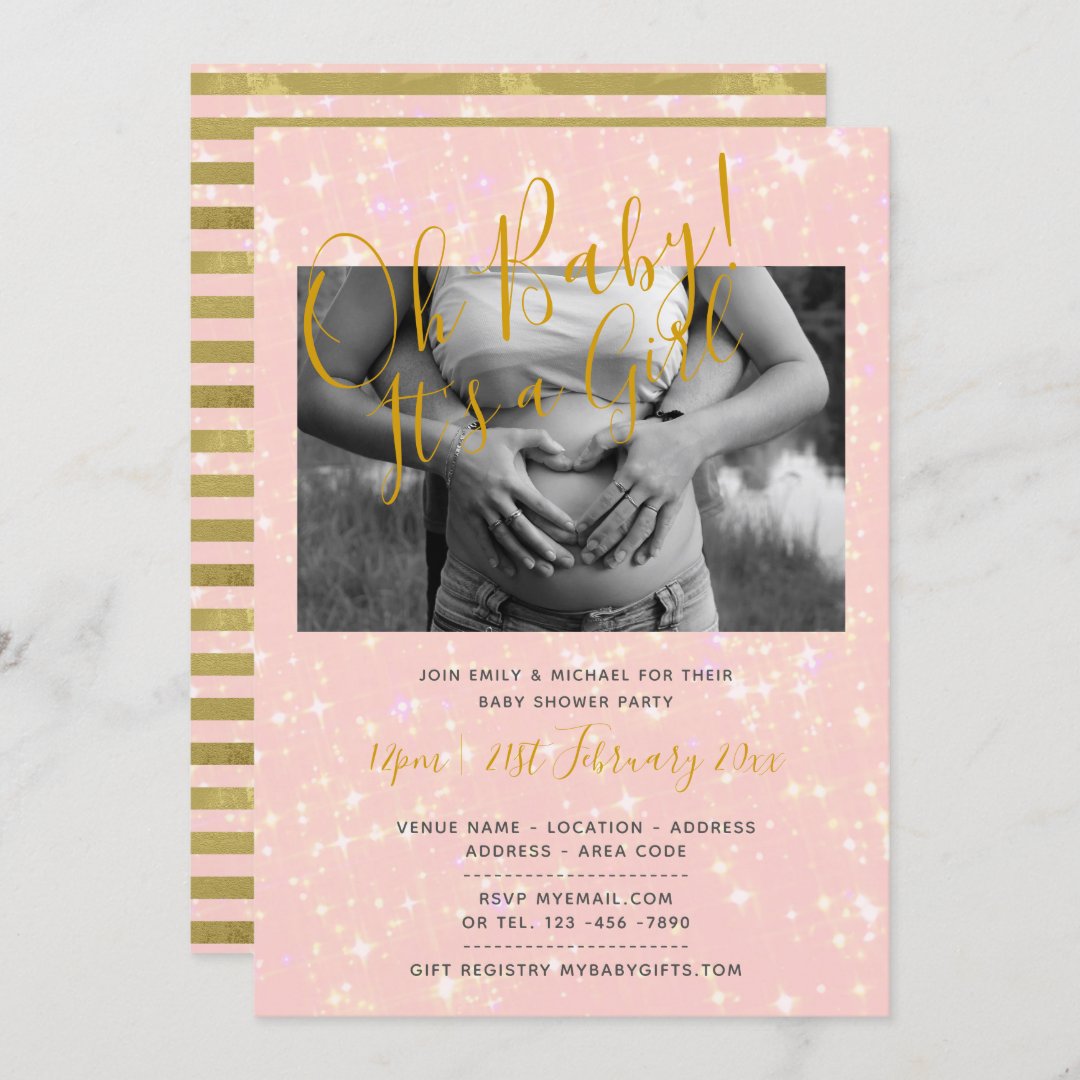 Blush Pink Gold Baby Shower Photo Girl Invites Zazzle