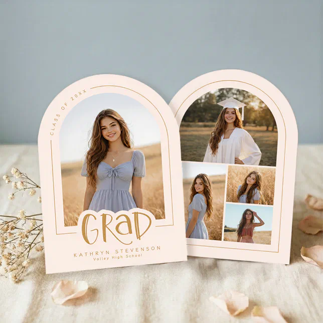 Arch-shaped multi-photo graduation announcement card with printed gold arches.