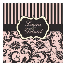 Blush Pink, Gray, Cream Striped Damask Invite