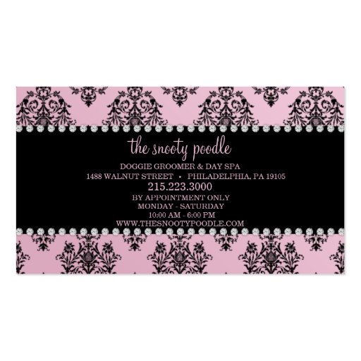 Blush Pink Jeweled Damask Dog Grooming/Spa Business Cards (back side)