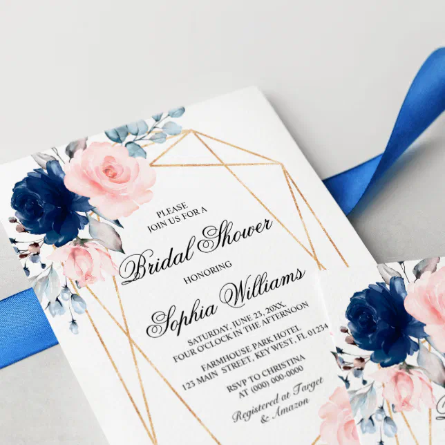 Blush Pink Navy Blue Floral Bridal Shower Invitation Zazzle