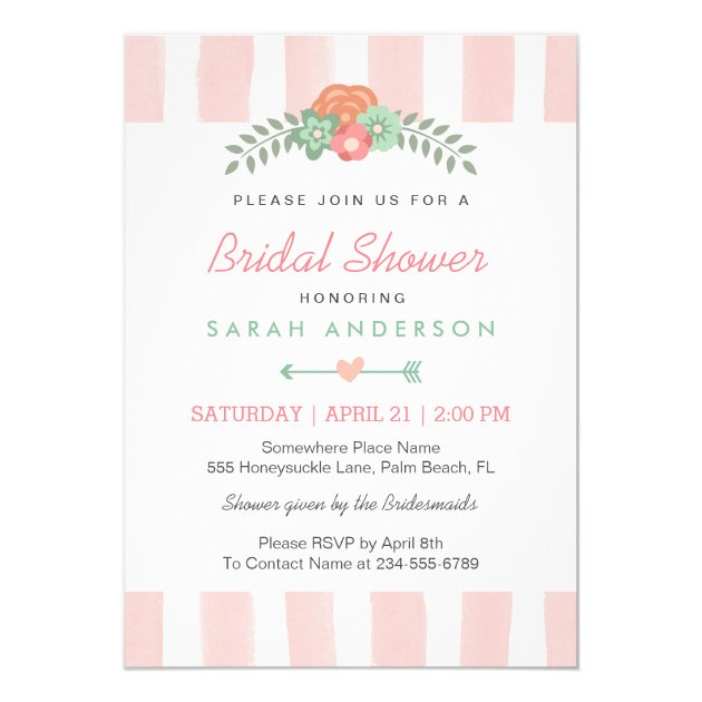 Blush Pink Stripes Watercolor Floral Bridal Shower 5x7 Paper Invitation Card (front side)