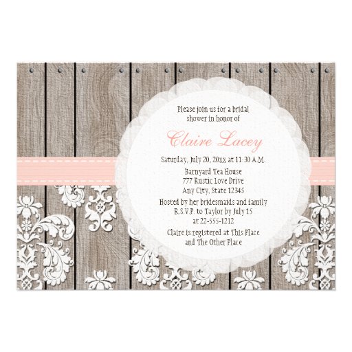 Blush Wood Lace Rustic Bridal Shower Invitations