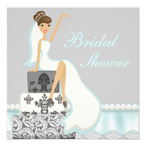 Blushing Brunette Damask Cake Bridal Shower Invite (front side)