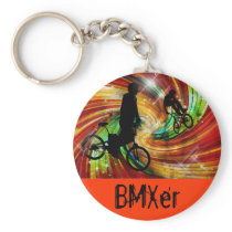 BMXers in Red and Orange Grunge Swirls Keychain