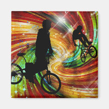 BMXers in Red and Orange Grunge Swirls Fridge Magnet