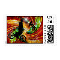 BMXers in Red and Orange Grunge Swirls Stamp