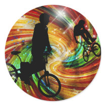 BMXers in Red and Orange Grunge Swirls Round Stickers