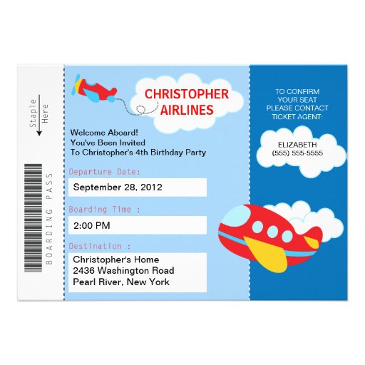 Boarding Pass Airplane  Birthday Party Invitation