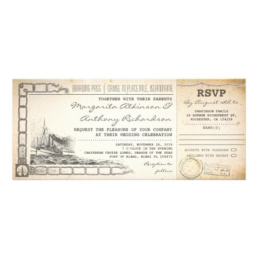 boarding pass cruise wedding invites with rsvp (front side)