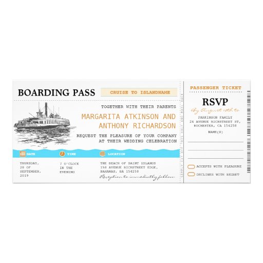boarding pass cruise wedding invites with RSVP