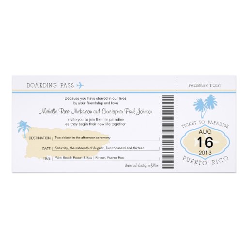 Boarding Pass to Puerto Rico Wedding Personalized Invitations