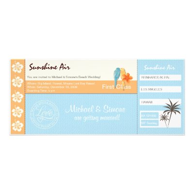 Boarding Pass Wedding Invitation blue orange white