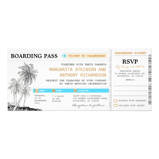 boarding pass wedding tickets with RSVP together Invitations (front side)